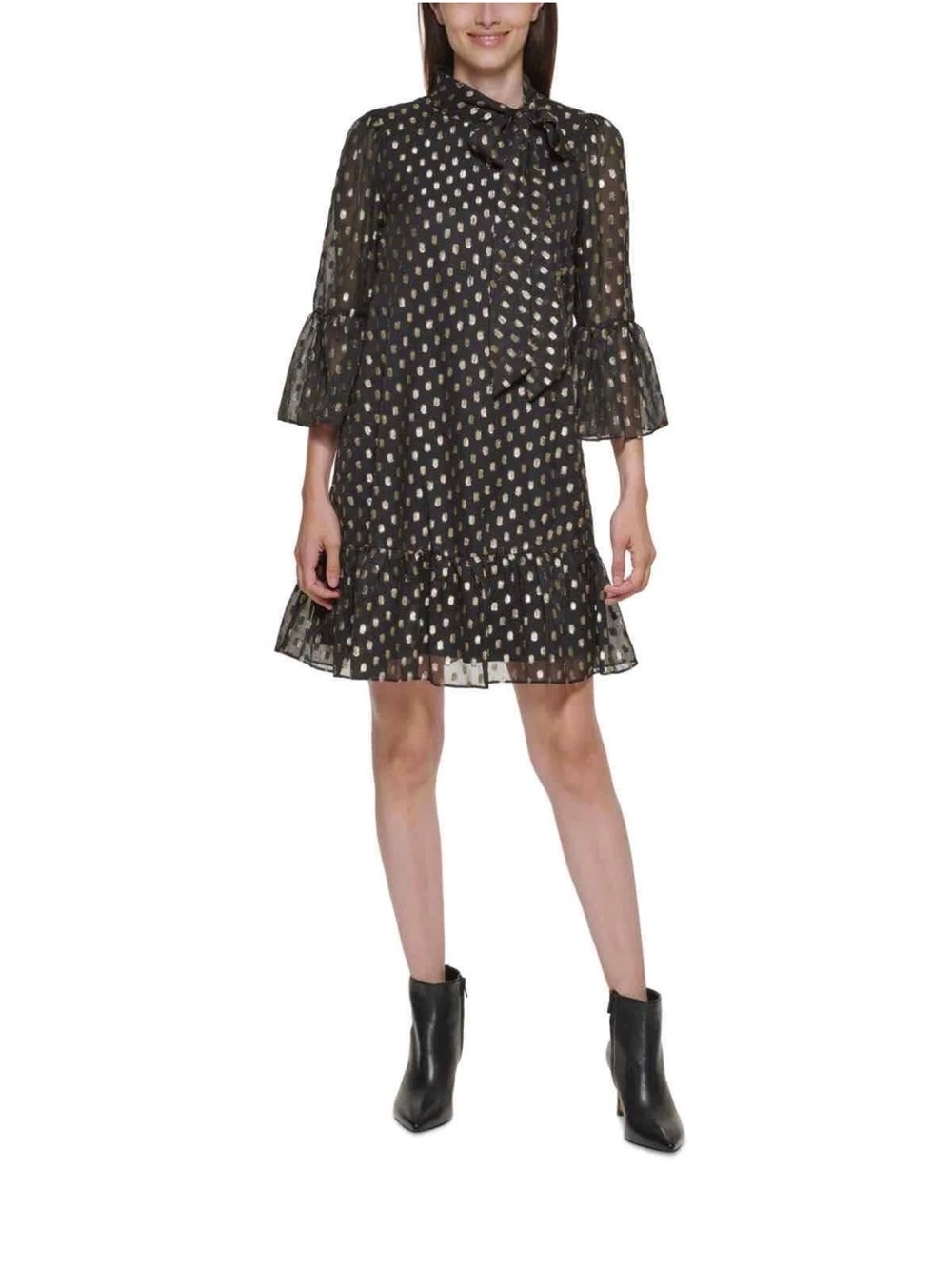 Calvin Klein Black Sheer Dress with Gold Polka Dots Size 12